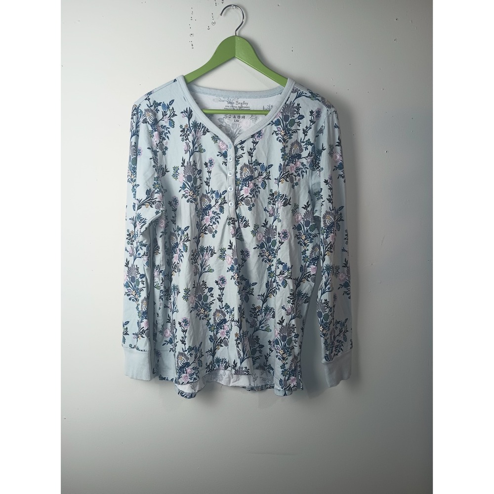 Vera Bradley Light Blue Floral Henley Long Sleeve Top Large L Cotton Blend